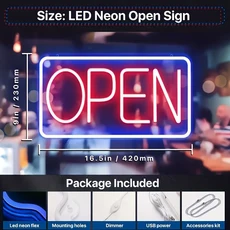 BNEMCEZH 라이트닝 오픈 네온사인 비즈니스 브라이트 사인업 블루 LED 라이트 디밍 스위치 USB 전원 레스토랑 스토어 호텔 카페 바 오피스 도어, 01 23X42CM