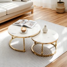 셋트 테이블 가정용 고급스러운 커피 테이블 원형 티 테이블, 골드&화이트