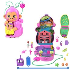 Polly Pocket 인형 및 놀이 세트 애완 동물 액세서리 13개 투인원 엄마 원숭이 아기 웨어러블 지갑 장난감, 1개