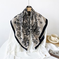 喜客來 萬種款式絲巾 方巾 領巾 2025新款高級感90cm斜紋綢絲巾女卡其花鳥大方巾新款外貿頭巾披肩 廠商批髮, W90230-卡其, 1個