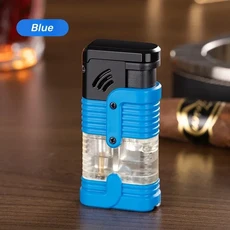방풍 삼중 불꽃 풍선형 라이터 부탄가스 라이터 야외 휴대용 점화기 시가 나이프 포함 남성용 선물, 01 파란색