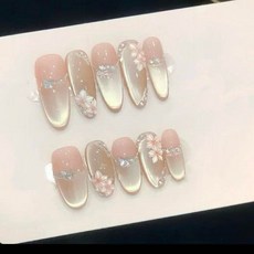 DFMEI 【春花夕拾】純手工穿戴甲裸色貓眼美甲春日新款五瓣花美甲顯白甲, 1個, 1g, C199-6春花夕拾   長橢圓:XS小小手