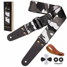 Nefelibata 기타 스트랩 카모 헤드 소가죽 엔드 어쿠스틱 기타 일렉트릭 기타 베이스 기타 스트랩 프리 락 및 헤드스톡 스트랩 포함