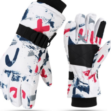 中性款印花可觸控手機滑雪防水手套, 白色 紅色(女款)