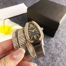 蛇形手鐲輕奢女錶 橢圓形白錶盤滿鑽設計復古石英錶, 黑金, 1個