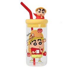 StarR 크레용 신짱 밀크푸딩 빨대 유리 콜드컵 680ml, 1개, 작은 노란색 모자 1개, 작은 노란색 모자