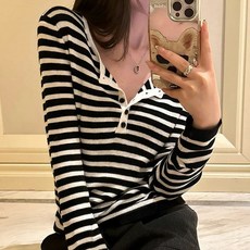 cammello 소프티 헨리넥 스트라이프 버튼 긴팔 티셔츠 여성 긴팔티