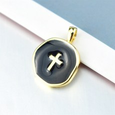 DIY首飾配件 十字架吊墜 圓盤滴油吊墜 手鏈項鏈材料 電鍍真金, 黑色, 1個