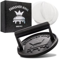 SMASHER KING 프리미엄 주철 스매시 버거 프레스 페이퍼 25개 블랙 나무 손잡이가 있는 철판용 스매셔 완벽한 햄버거 274405, Black