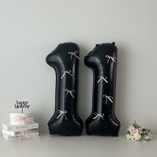 연지마켓 블랙 대형 숫자 풍선 리본 기념일 생일, 1개, 핑크리본 + 블랙숫자 11