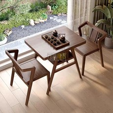 熱銷實木陽臺小茶桌組閤三件套休閒椅子家用喝茶小戶型一桌二椅戶外桌椅 休閒桌椅 桌椅組閤, 胡桃色,一桌二椅(包坐墊)