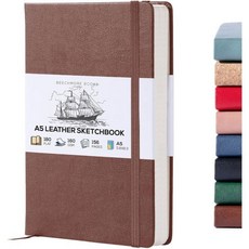 비치모어 북스 A5 스케치북 – 5.8x8.3 프리미엄 비건 가죽 바운드 대형 하드커버 156개의 두꺼운 160gsm 천공 아이보리 페이지 빈 스케치 패드 선물 상자형 백, Chestnut Brown