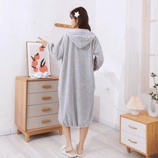 連帽珊瑚絨浴袍浴巾浴裙：冬季長款加厚吸水速乾女士睡袍居家服, 淺灰色, 1個