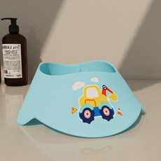 新生嬰兒洗澡防水耳貼，兒童游泳護耳貼，寶寶一次性防水護耳貼，成人通用耳罩耳塞, 1個, 洗頭帽-藍色挖掘機【可調節大小】