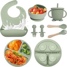 兒童食品級矽膠餐盤套裝 母嬰寶寶防摔吸盤餐具, 綠色, 1個, 餐盤 刀叉