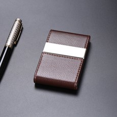 商務名片夾 皮面男士名片盒 女士隨身便攜卡包 金屬大容量名片收納盒, 1個, 荔枝紋皮紋-棕色,一個起免費刻字