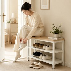 현관 벤치형 신발장 신발정리대 고급 목재 상판 탄소강 프레임 수납의자, 2단, 화이트+원목색