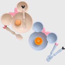다로엘 유아 어린이 캐릭터 식판 세트 1+1, 1세트, 식판+스푼+포크, 푸딩베이지+캔디블루