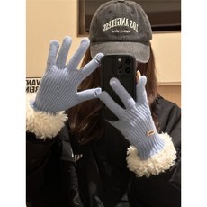 JA ACTIVE 冬季保暖防風手套 毛毛拼接長筒分指手套, 藍色