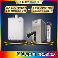林內24公升強制排氣熱水器搭配愛惠浦雙溫加熱器與單道淨水器組合，提供安全、便利且潔淨的用水體驗
