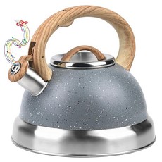 Rixordd 2.8L3쿼트 스테인리스 스틸 휘슬링 티 주전자 - 쿨 터치 나무 손잡이 큰 호루라기 및 녹 방지 베이스가 있는 천연석 마감 찻주전자 블랙 158715, 회색