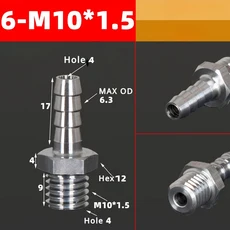M3 M4 M5 M6 M8 M10 M12 미터법 남성 3 4 5 6 8 12mm 호스 바브 니플 304 스테인레스 스틸 파이프 피팅 공, 12 6xM10x1.5