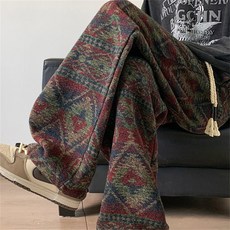 Vezri 남녀 공용 기하학 니트 팬츠 편안한 가을 겨울 스트레이트 바지