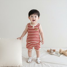 몽실이 곰패치 와플 스트라이프 민소매 상하복 아동 유아 어린이 여름 상하세트