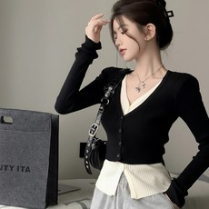 VELNIO 여성 투톤 배색 레이어드 크롭 니트 가디건 브이넥 슬림핏 골지 긴팔 데일리 가을 봄 아우터