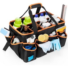 초대형 착용식 세척 캐디 제품 정리 가방 가사도우미 토트백패드 포함 손잡이 및 구분선이 있는 차량 세차 도구 가방세부 정비 용품용 회색 가장자리, Black with orange edge