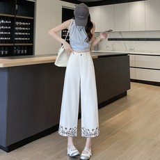 미국사이즈 자수 플라워 청바지 여성 9부 슬림핏 8부 와이드 스트레이트 데님 팬츠 봄여름 데일리 베이직 청반바지
