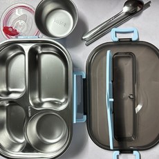 飯盒304不鏽鋼分格便當盒加厚保溫加熱快餐盒學生上班族旅客餐盒, 1個, 藍色四格加湯碗款1.5L:加餐具加保溫袋