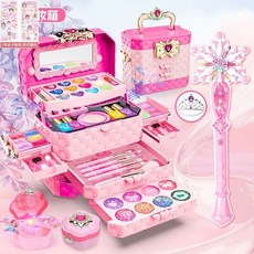 瀾錦書捨 女孩兒童化妝品套裝 無毒彩妝盒 3-9歲 女童公主 生日新年禮物, 【音樂彩妝手提箱】+魔法棒2件套+音樂盒, 1個