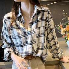 여성 체크 디자인 패턴 캐주얼 시원한 일상 셔츠 남방 블랙 블라우스 여성셔츠 롱 화이트