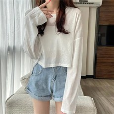 해피유통 여성 루즈핏 크롭 긴팔 티셔츠 데일리 상의