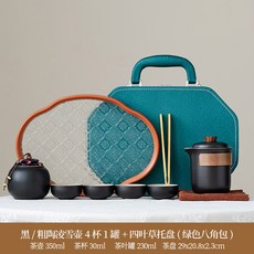 新中式復古粗陶國風青山飛鳥淩雪壺旅行茶具套裝創意禮盒, 1個, 黑粗陶淩雪壺4圓口杯茶葉罐四葉草託盤茶夾茶巾綠色八角包:如圖所示1471