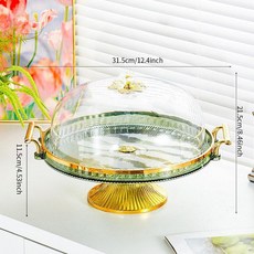 輕奢透明罩蛋糕託盤 甜品展示臺 防塵糕點盤 宴會擺檯, 果綠色X圓盤帶腳PET蓋鑽石花, 1套