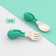 兒童餐具 PPSU矽膠短柄訓練勺叉, 1個, 斑馬綠色-短柄勺叉