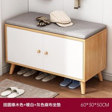 JWJJ 簡約入戶穿鞋椅凳 附軟包坐墊 儲物鞋櫃, 雙門帶腿款北美原木紋色60cm灰色麻布坐墊, 2層