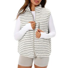 Gacaky 여성용 스트라이프 조끼 겨울 따뜻한 크롭 스탠드 칼라 풀 지퍼 민소매 플리스 재킷 지퍼 질레 패션 트렌디 상의 그레이 화이트 스몰