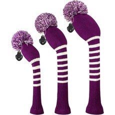 Scott Edward 폼폼 페어웨이 니트 골프 클럽 커버 헤드커버 1개 Well Fairway 우드 클럽에 적합 회전 숫자 태그 포함 남성/여성 골퍼용(퍼플), 퍼플 스트라이프 3개/세트