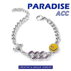 PARADISE 笑臉古巴鑲鑽星球鈦鋼手鏈，不過敏不掉色，展現個人時尚品味, 1個, 手鏈款 18+4cm延長鏈