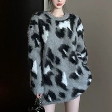 cammello 빅 레오파드 패턴 루즈핏 니트티 긴팔 니트 원피스