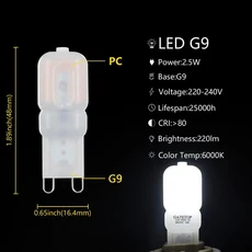 1-10PCS LED 전구 G9 2.5w Pc 커버 230v 3000K/6000K Smd2835 램프 라이트 샹들리에 조명 할로겐 교체, 01 6000K, 03 1개, 01 AC220V, 1개