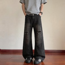 2026春夏美式高街破洞牛仔褲男款闊腿褲明線拼接設計薄款顯瘦百搭