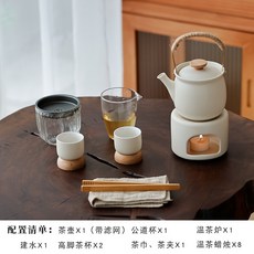 【開發票/統編】日式奶油風溫茶爐茶壺茶具套裝 ins風高腳茶杯下午茶泡茶組 家用辦公室茶道配件, 1個, 提梁壺丨2方高腳杯+公杯+溫茶爐 +建水