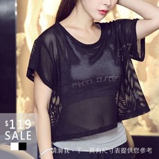 SISI【T9026】春夏運動休閒跑步瑜伽透明感網紗短袖健身服罩衫洞洞T恤上衣 透氣舒適 時尚運動風
