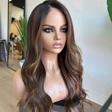 고품질 유럽산 인조모 레이스 탑 유대인 가발 갈색 짙은 하이라이트 컬러 (여성용), 02 28인치, 01 Brown Blonde