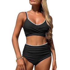 ZAFUL 여성용 하이 웨이스트 비키니 세트 트위스트 프론트 주름 장식 컬러 블록 투피스 수영복 복부 컨트롤 수영복 레오파드 프린트 2개 M