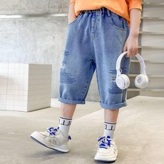 男童牛仔短褲 大童短褲 破洞牛仔褲 牛仔五分褲 兒童夏裝 中大童百搭褲子 2025夏季新款 男孩帥氣中褲H3
